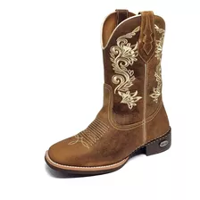 Bota Texana Country Feminina Cano Médio Couro Bordado Luxo