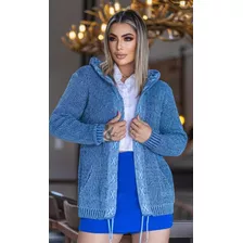 Casaco Sobretudo Cardigan Com Capuz Em Tricô 