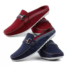 2 Pares Combo Mocassim Mule Azul E Vermelho Barato Promoção