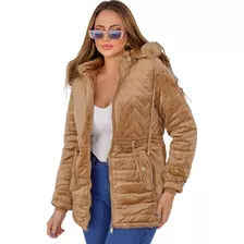 Parka Feminina De Veludo Forrada Com Pelo E Capuz Removivél