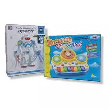 Kit Brinquedos Musicais Robô Dançarino E Piano Drum Som/luz Cor Robo Rosa Com Piano