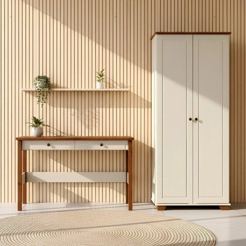 Conjunto 2 Peças Escrivaninha 120cm 2 Gavetas E Armário Off White/mel