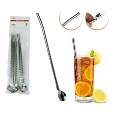 Kit 6 Colher Canudo Inox Escova Limpeza Drinks Mexedor 22cm Cor Prateado