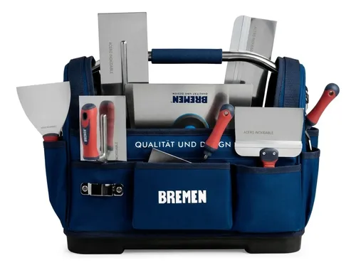 Kit Bremen: Herramientas Durlock 6pz Espátula Llana Plato + Bolso Portaherramientas Azul