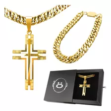 Kit Colar E Pulseira Masculina Aço Folheado Ouro 18k Grossa