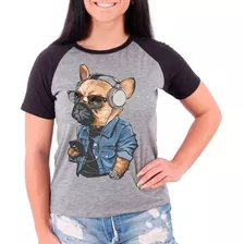 Camiseta Raglan Buldog Francês Pet Dog Cinza Preto Fem01