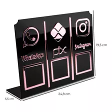 Display Placa 3 Em 1 Whatsapp Pix Instagram Qr Code Preto Preto E Rosa