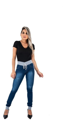 Calça Jeans Azul Feminina Com Listra Cinza Moletom Lateral 