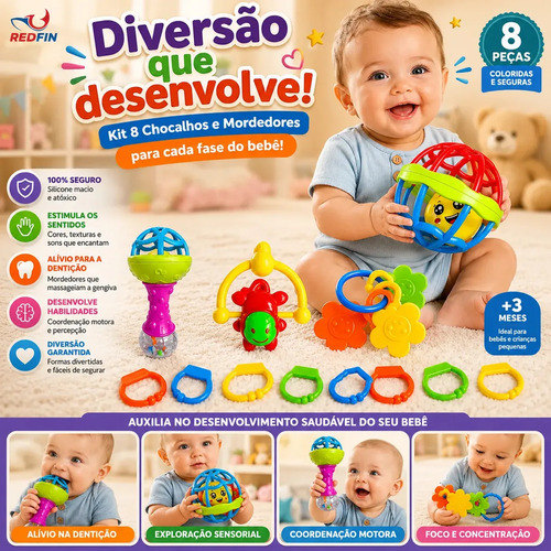 Kit 8 Chocalhos E Mordedores Para Bebê Sensorial Redfin Brinquedos Educativos Infantil Silicone Macio Colorido Coordenação Motora Dentição Primeira Infância Desenvolvimento Bebê 3+ Meses Variados