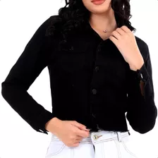 Jaqueta Sarja Preta Feminina Cropped Inverno Desfiada