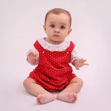 Conjunto Jardineira Salopete De Malha Vermelho Bebê Menina