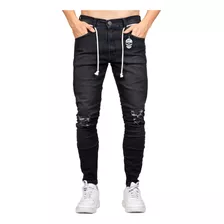 Calça Jeans Masculina Skinny Slim Rasgada Barra Zíper Lycra