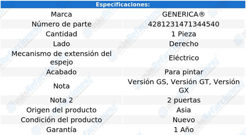 (1) Espejo Der Elctrico P/pintar Generica Mx-5 Miata 06_11 Foto 2