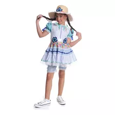 Vestido Junino Infantil Caipira Flor Azul Com Culote Chapéu