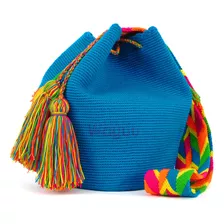 Mochila Wayuu Unicolor Azul Electrico Grande Original
