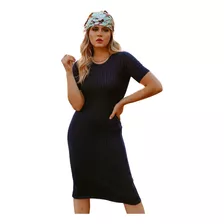 Vestido Feminino Colado Midi Canelado Modal Moda Evangélica