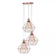 Luminária Pendente Diamante Aramado Triplo C/ Lâmpada St64 Cor Rose Gold + St64