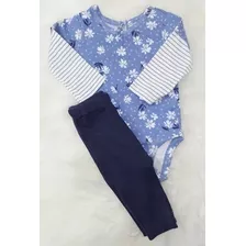 Conjunto Bebê Carter´s Body Manga Longa Azul Florido E Calça