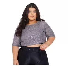 Cropped Plus Size Brilho Paetê Feminina Preta Cp