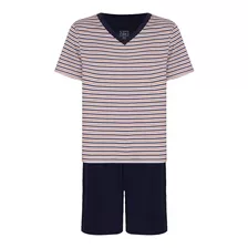 Pijama Masculino Gola V Listrado Curto Algodão Lupo 28021