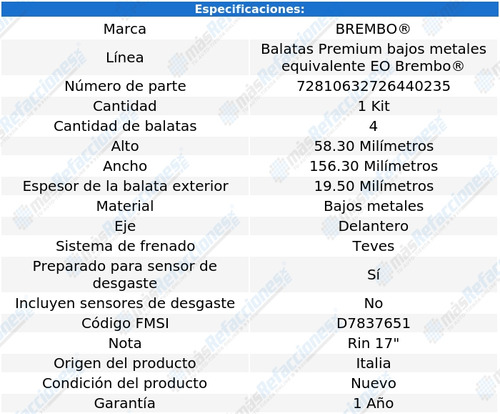 Balatas Bajos Metales Delanteras Volvo S70 99-00 Brembo Foto 4