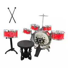 Mini Bateria Infantil Vermelho Banquinho 5 Tambores Bw242vm