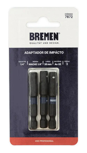 Adaptador Taladro Impacto 1/4 - Cuadrado 1/4 Bremen X 3 7872