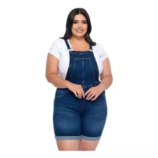 Macaquinho Jardineira Jeans Plus Size Meia Coxa Dark Blue