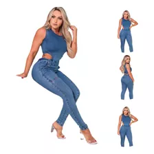 Macacão Longo Jeans Feminino Laycra Top Fashion 