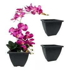 3 Unds Vaso Cachepot Quadrado Para Orquídea Cor: Preto