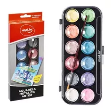 Aquarela Metálica 12 Cores Molin Com Pincel Brush