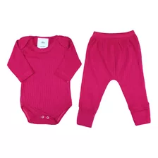 Conjunto Bebê Body Longo E Calça Pink Canelado Menina