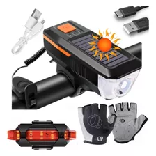 Farol Solar Bike Buzina Lanterna Traseira Usb Luva Ciclismo