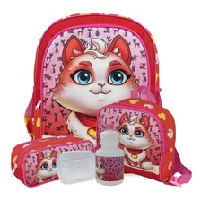 Kit Mochila Infantil Tam G Lancheira E Estojo Cat Cor Vermelho