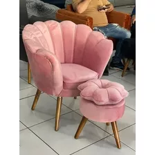 Poltrona Petala Decorativa Pés Palito Rose Com Puff Flor