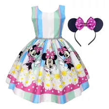 Vestido Colorido Minnie Rosa Infantil Menina + Tiara Brinde