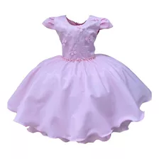 Vestido Infantil Rosa C/ Renda Aplique Flores Pérolas Luxo