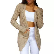 Cardigan Feminino Com Bolso E Trama Vertical De Tricot 