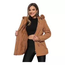 Parka De Sarja Feminina Forrada Casaco De Frio Com Touca