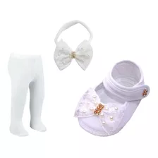 Kit Sapatinho Menina Laço Renda + Meia Calça + Faixa Cabelo 