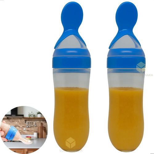 Kit 2 Colheres Dosadora Silicone Papinha Alimento Bebê Azul Azul