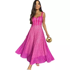 Vestido Mid Godê Evangélico Com Manguinha Rosa