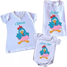 Kit Camisetas Camisa Body Mãe Pai E Filha Galinha Pintadinha