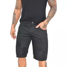 Bermuda Short Jeans Preta Masculina Rasgada Lycra