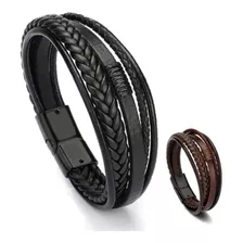 Pulseira Tribal Masculina De Couro Fecho Imã Preta / Marrom