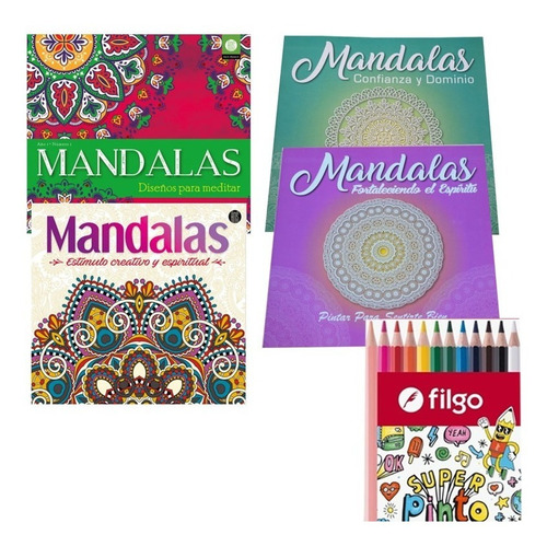Mandalas Colorear Set 4 Libros Kit Lapices Colores