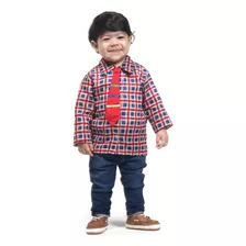 Camisa Caipira Bebê Xadrez Festa Junina Vermelha Com Gravata
