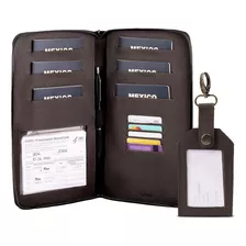 Porta Pasaporte Familiar Con Tag De Maleta De Piel Color Cafe Oscuro