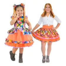 Mãe E Filha - Saia Adulta E Vestido Laranja - Festa Junina