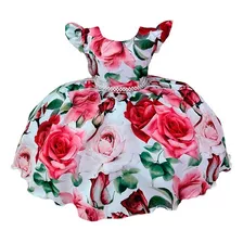 Vestido Infantil Branco Strass Saia Floral Rosa Luxo Festa